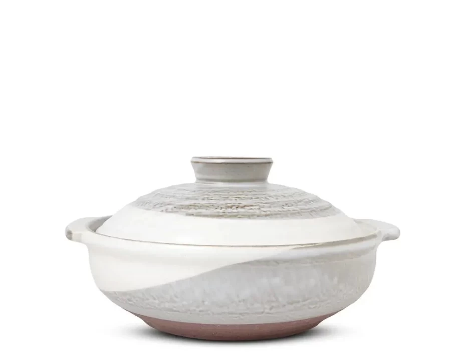 Miya Company Donabe Casserole Pot - 9-Inch Snow Mountain Design, Traditional Japanese Clay Pot for Steaming, Cooking, and Serving