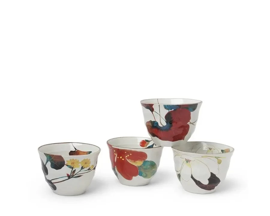 Miya Company Floral Teacup Set - 7 Oz. Fall-Themed Porcelain Tea Cups for Afternoon Tea