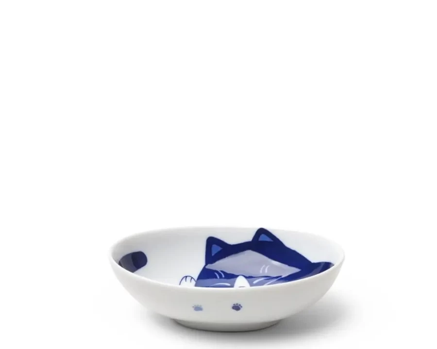 Miya Company Blue Cats Design 5" X 3.75" Oval Ceramic Bowl for Pets