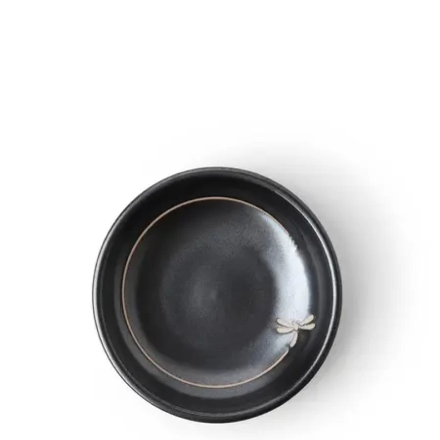 Miya Company 3-3/4" Black Sauce Dish with Dragonfly Flight Design - Decorative Ceramic Appetizer Plate