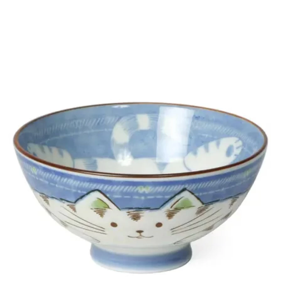Miya Company Blue Cat Design Ceramic Rice Bowl for Pets