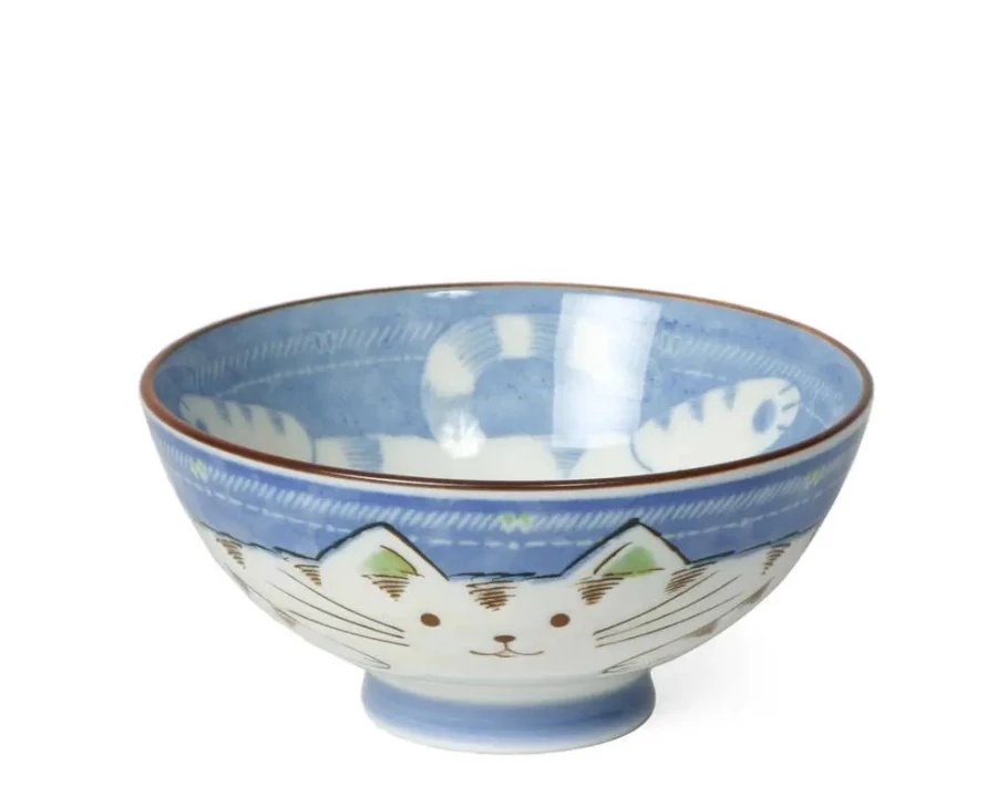 Miya Company Blue Cat Design Ceramic Rice Bowl for Pets