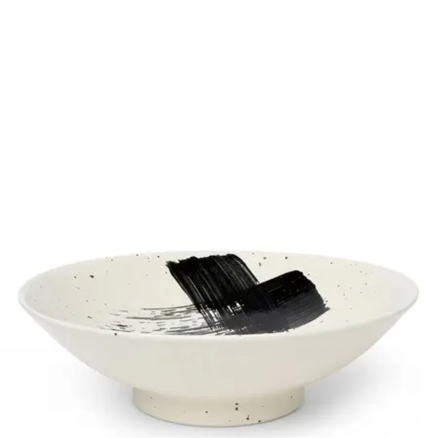 Miya Company 9.75" Black Brush Stroke Ceramic Serving Bowl for Dining & Entertaining