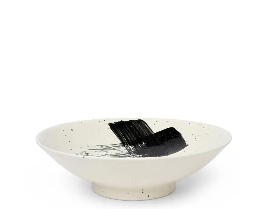 Miya Company 9.75" Black Brush Stroke Ceramic Serving Bowl for Dining & Entertaining