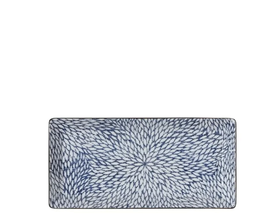 Miya Company Aizome Mums Rectangle Plate - Handcrafted Ceramic Dinnerware for Modern Dining