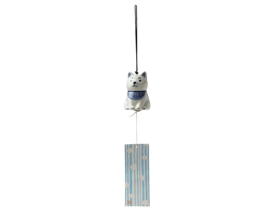 Miya Company Shiba Dog Wind Chime - Handmade Blue and White Ceramic Outdoor Decor