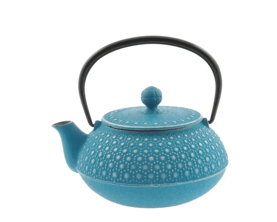 Miya Company Cast Iron Teapot with Honeycomb Design - 0.65L Capacity, Turquoise Color, Japanese Style Infuser Pot