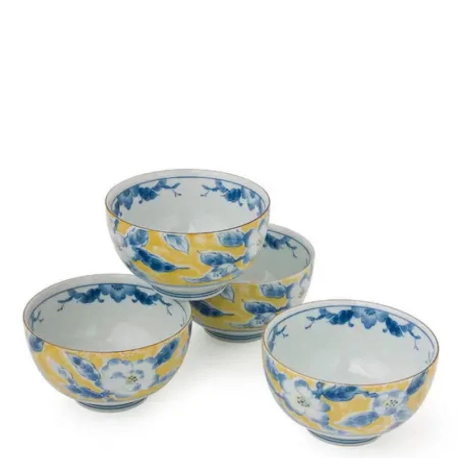 Miya Company 5-Inch Blue Flower Yellow Bowl Set - Decorative Dining Bowls