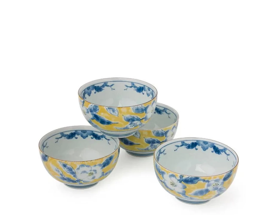 Miya Company 5-Inch Blue Flower Yellow Bowl Set - Decorative Dining Bowls