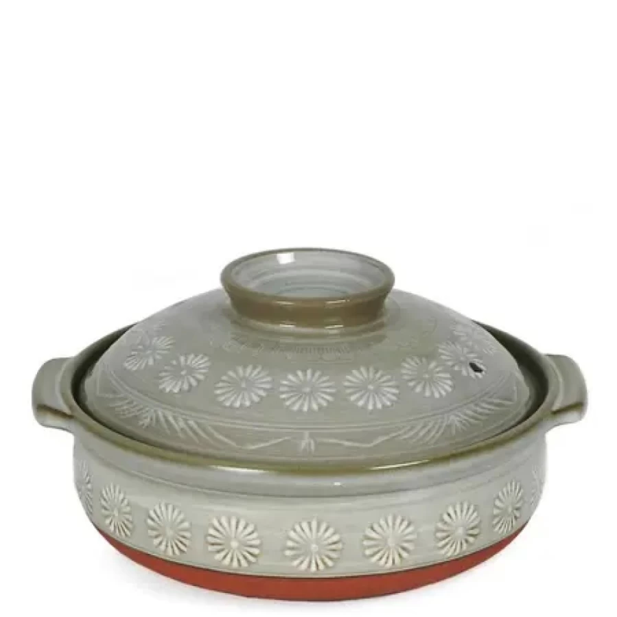 Miya Company Hana-Mishima Donabe Casserole Pot – 74 Oz Traditional Japanese Clay Pot for Cooking, Stewing & Serving
