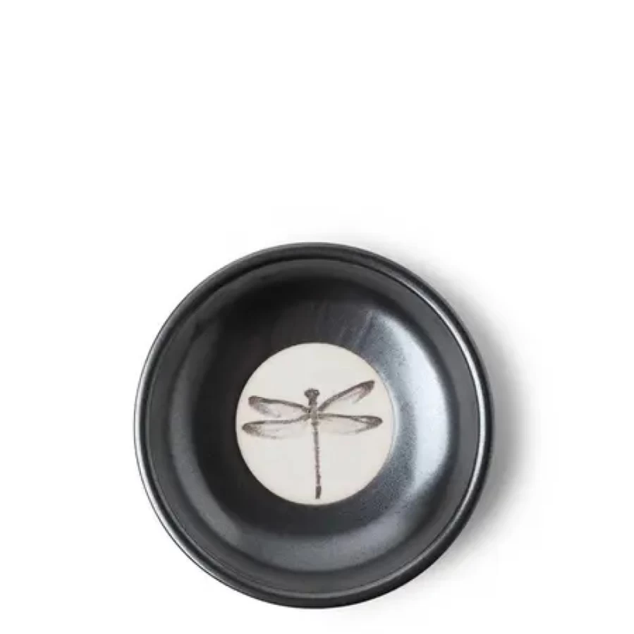 Miya Company Graphite Gray Sauce Dish with Black Dragonfly Design - Elegant Ceramic Serving Plate