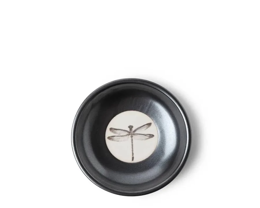 Miya Company Graphite Gray Sauce Dish with Black Dragonfly Design - Elegant Ceramic Serving Plate