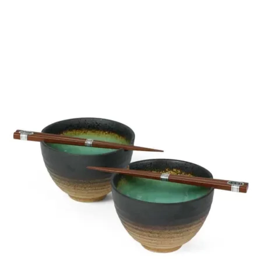 Miya Company Kosui Green 5.5 Inch Ceramic Bowl Set for Two - Elegant Dining Tableware