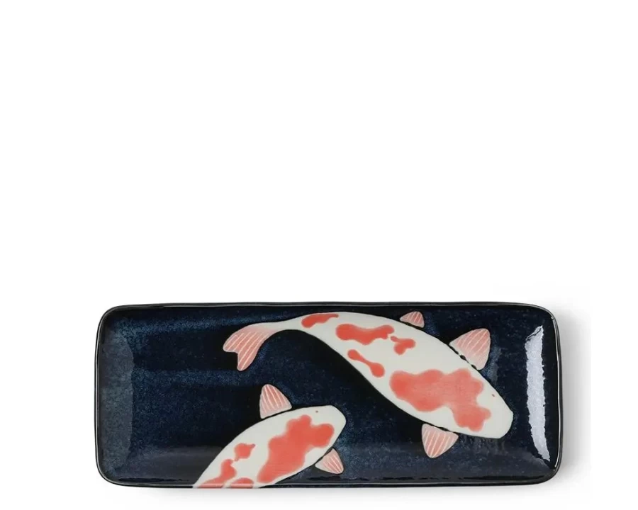 Miya Company Namako Koi Fish Design Ceramic Rectangle Plate for Dining Decor