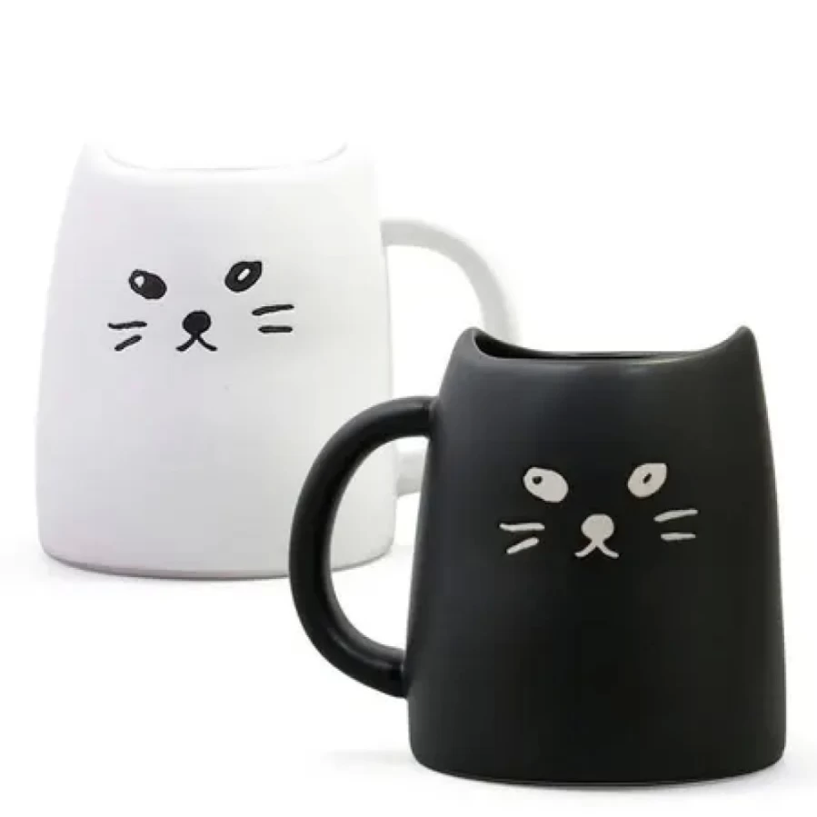 Miya Company Black & White Cat Themed Ceramic Mug Set - 2 Piece Coffee Cups with Cute Feline Design