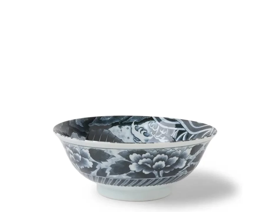 Miya Company Black Ko-Imari Japanese Carp Ceramic Bowl 8.25 Inch Traditional Handcrafted Decorative Serving Dish
