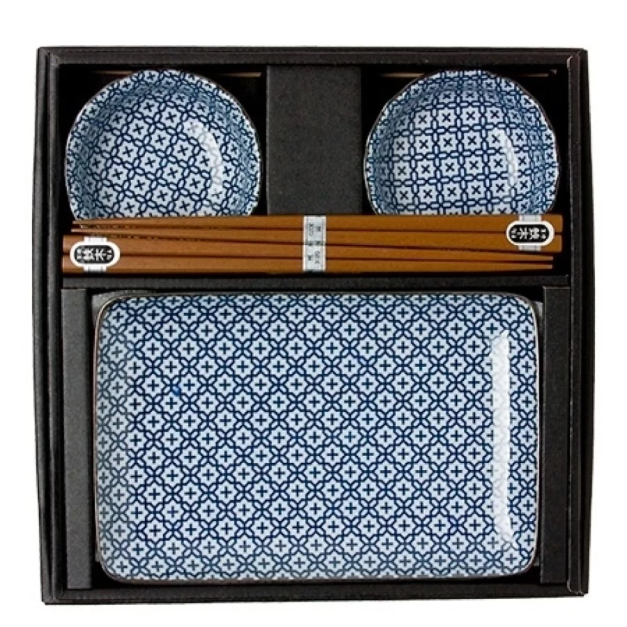 Miya Company Blue & White Ceramic Sushi Plate Set - Handcrafted Japanese Dining Ware for Authentic Sushi Experience