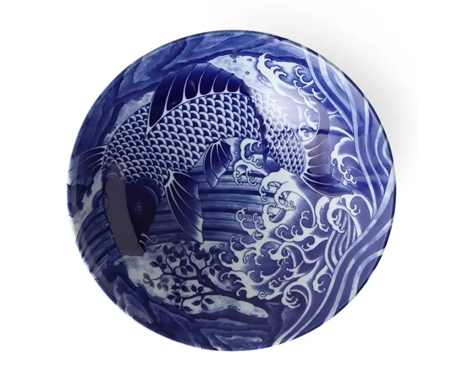 "MIYA COMPANY Koi Fish Ceramic Bowl - 9.75 Inch Decorative Asian Style Serving Dish"