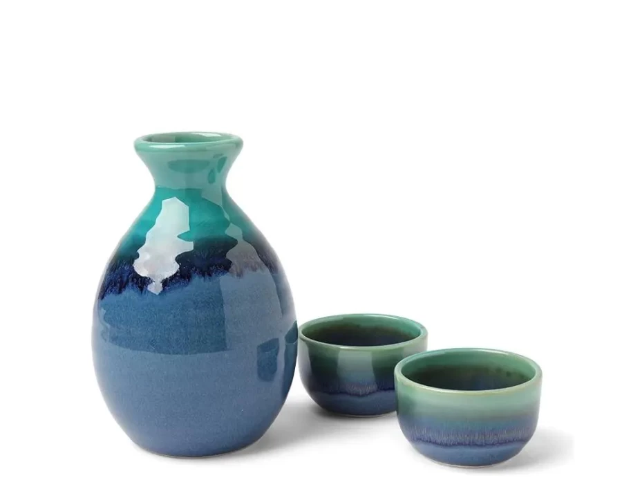 Miya Company Sake Set - Premium Jade Ocean Blue Ceramic Cups & Decanter for Japanese Rice Wine