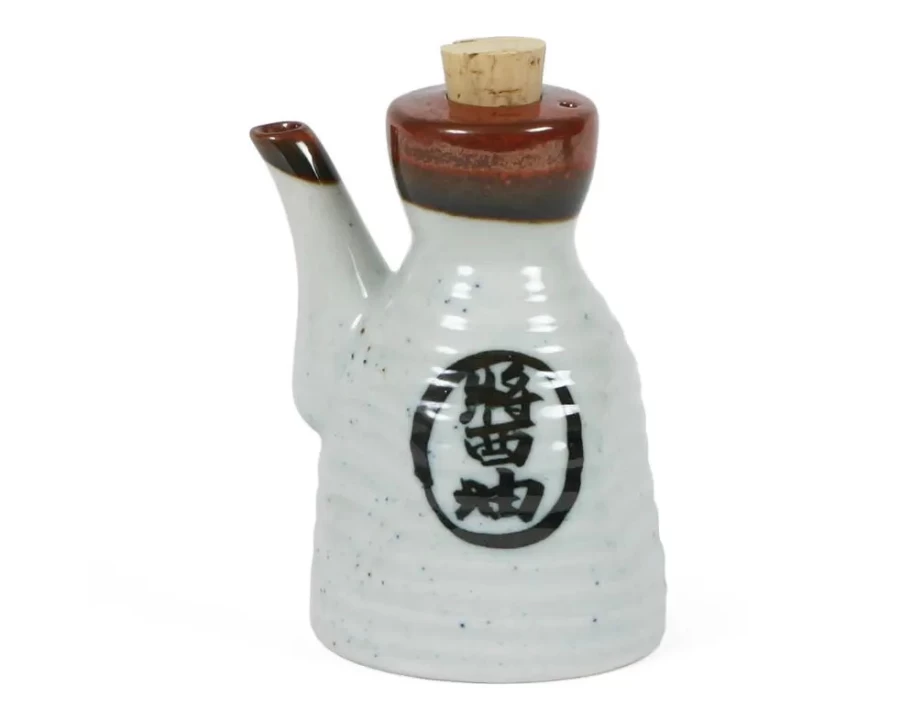 Miya Company White Shoyu Soy Sauce Pot with Cork Stopper - 6 Oz Ceramic Container for Japanese Cooking
