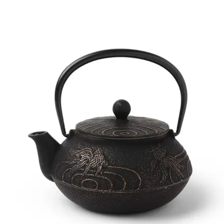 Miya Company Cast Iron Teapot with Black Goldfish Design - Japanese Style Iron Teapot for Loose Leaf Tea