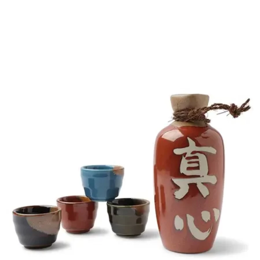 Miya Company Premium Sake Set - Tetsuaka Magokoro Traditional Japanese Ceramic Cups and Decanter