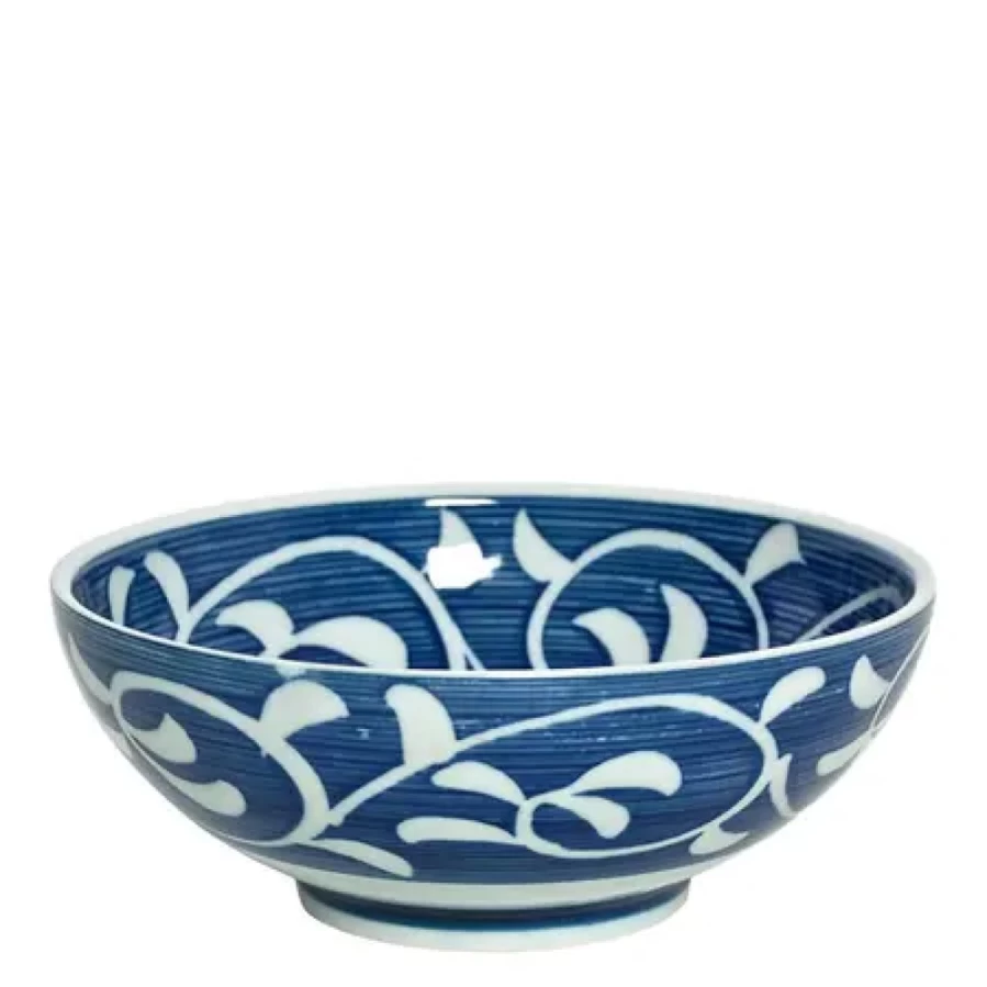 Miya Company Blue Karakusa Ceramic Bowl - 8.25 Inch Japanese Floral Design Handcrafted Dining Tableware