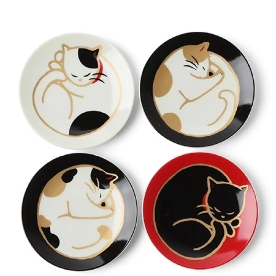 Miya Company Sleepy Cat 3.5 Inch Mini Plate Set - 4 Piece Ceramic Dish Collection for Pets