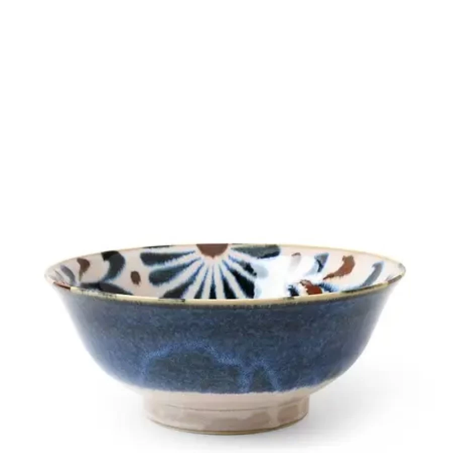 "Vintage Blue Floral Ceramic Noodle Bowl by Miya Company – Handcrafted Rustic Dining Decor"