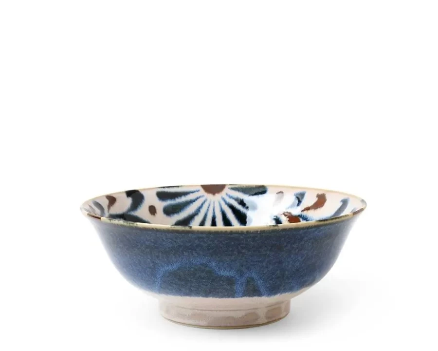 "Vintage Blue Floral Ceramic Noodle Bowl by Miya Company – Handcrafted Rustic Dining Decor"