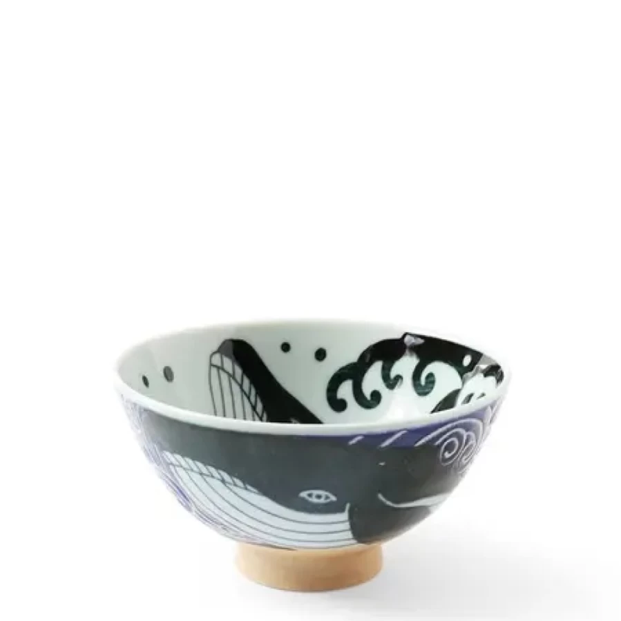 Miya Company 5" Blue Whale Waves Ceramic Rice Bowl - Handcrafted Japanese Style Diningware