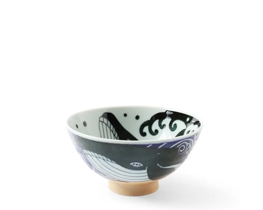 Miya Company 5" Blue Whale Waves Ceramic Rice Bowl - Handcrafted Japanese Style Diningware