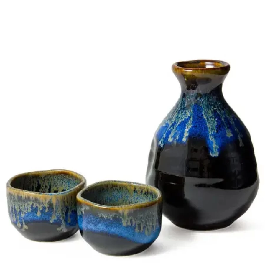 Miya Company Yuugata Glaze Japanese Sake Set - Traditional Ceramic Sake Bottle & Cups Gift