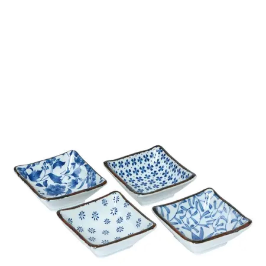 Miya Company Blue and White Ceramic 3.25 Inch Square Sauce Dish Set - 4 Piece Appetizer Plates for Dipping, Small Serving Bowls for Soy Sauce, Sushi, Condiments