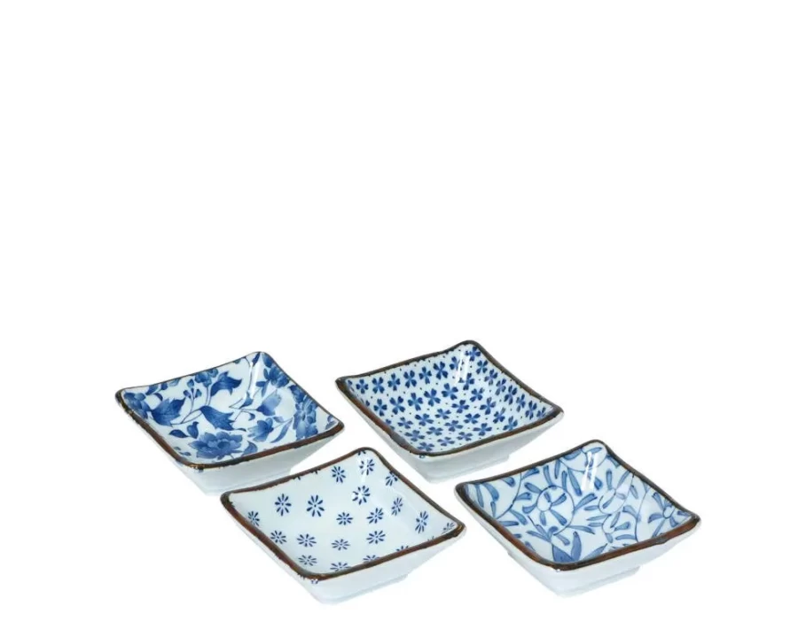 Miya Company Blue and White Ceramic 3.25 Inch Square Sauce Dish Set - 4 Piece Appetizer Plates for Dipping, Small Serving Bowls for Soy Sauce, Sushi, Condiments