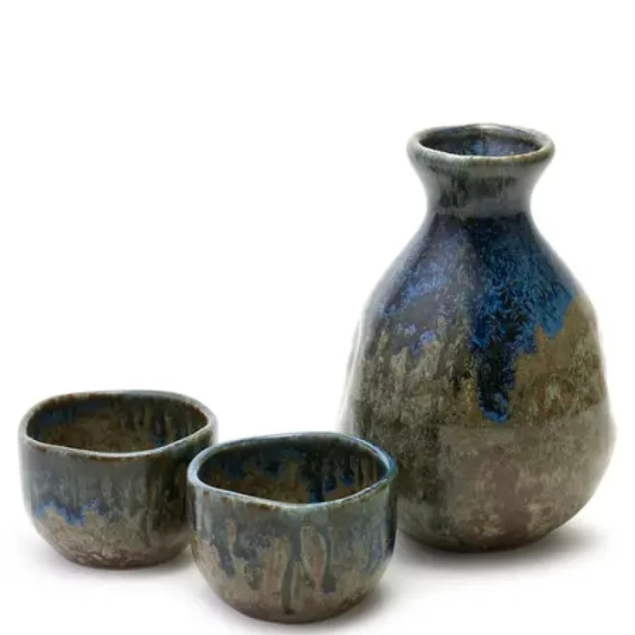 Miya Company Handcrafted Brown & Blue Glaze Ceramic Sake Set - Traditional Japanese Sake Cups & Decanter