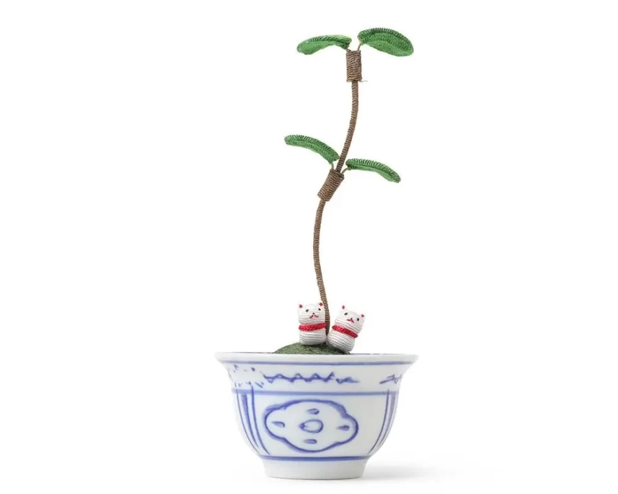 "Lucky Fortune Cat Figurine with Potted Plant - Decorative Gift by Miya Company"