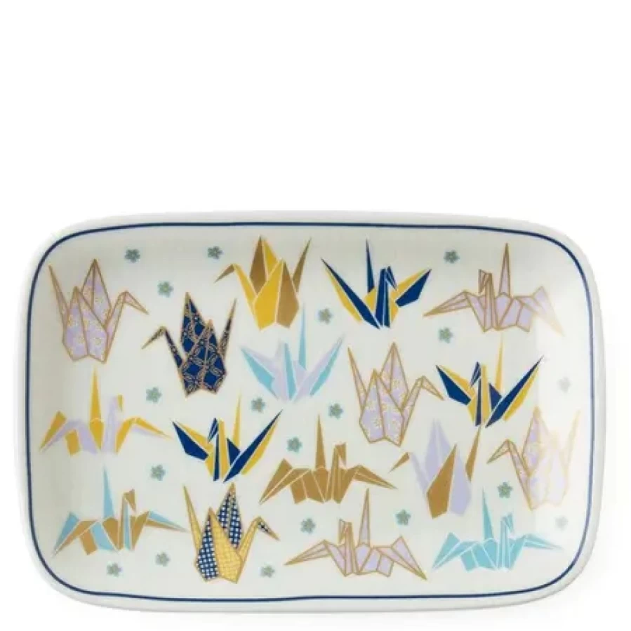 Miya Company Blue Origami Cranes Decorative Plate 6.5 x 4.25 Inches - Handcrafted Ceramic Dish for Home Decor