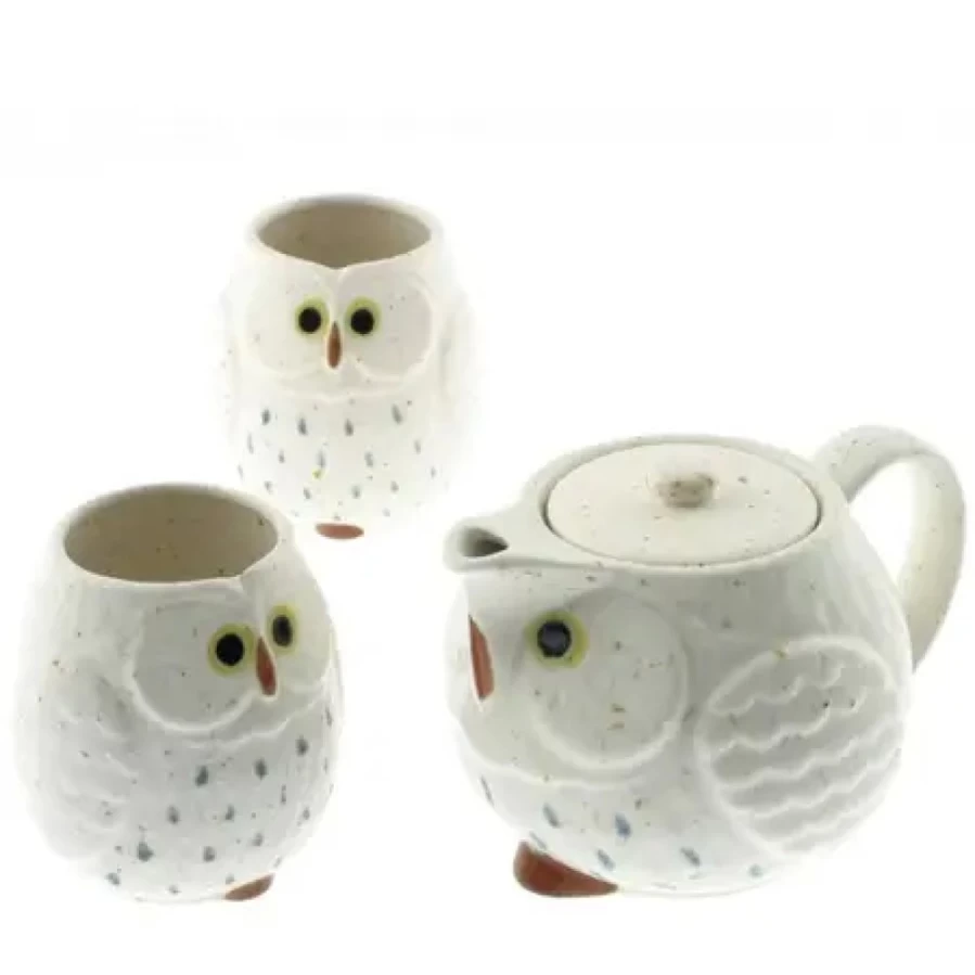 "Elegant White Owl Tea Set by Miya Company - Premium Ceramic Teapot with Cups"