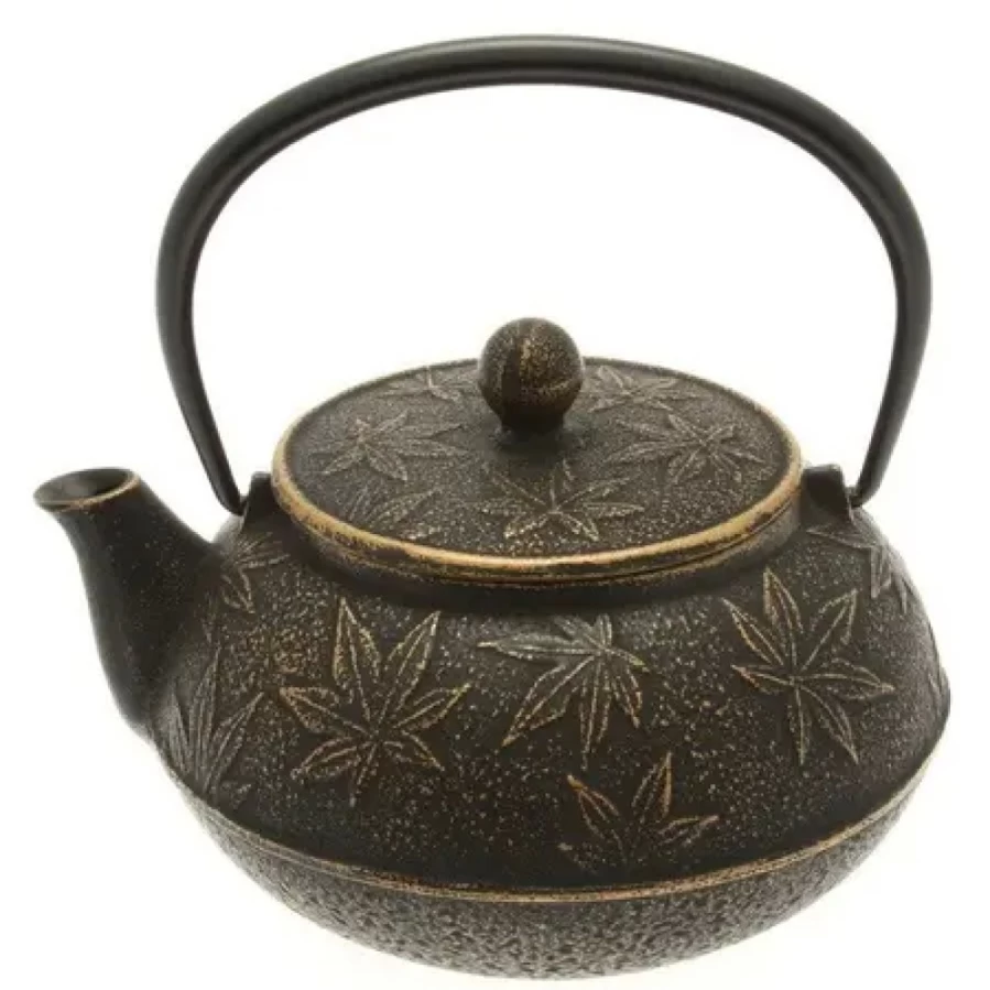 Miya Company Cast Iron Teapot - Black Maple Design, Japanese Style Iron Teapot for Loose Leaf Tea, Stovetop Safe Teapot with Enamel Coating