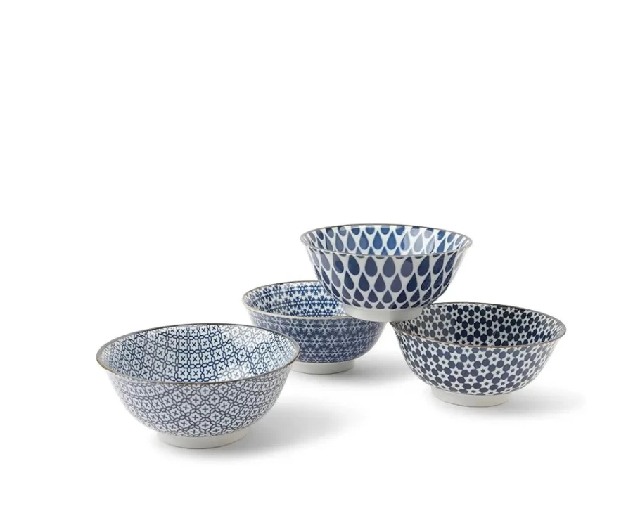 Miya Company 5.75 Inch Blue and White Ceramic Bowl Set of 4 - Handcrafted Dining & Serving Dishes