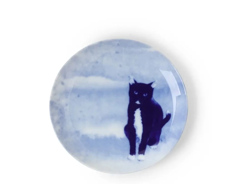 "Miya Company Blue Cat Ceramic Plate - Decorative Sitting Cat Dish for Home Decor"