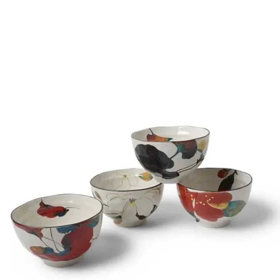 Miya Company Floral Autumn Rice Bowl Set - Elegant Ceramic Dinnerware for Fall Dining