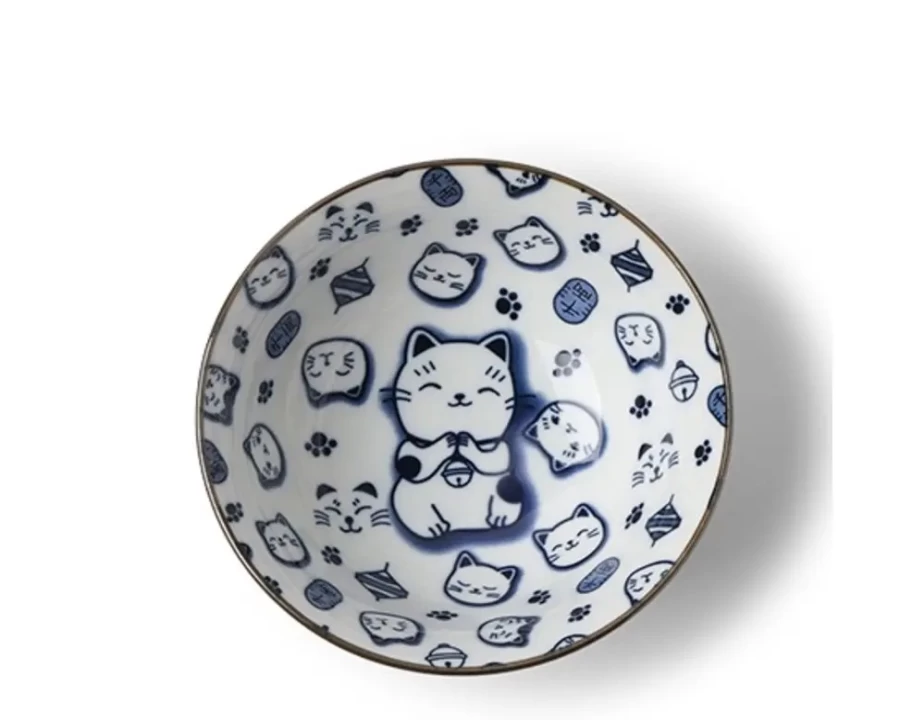 "Lucky Blue Maneki Neko Cat Figurine with Bowl - 5.75 Inch Japanese Fortune Cat by Miya Company"