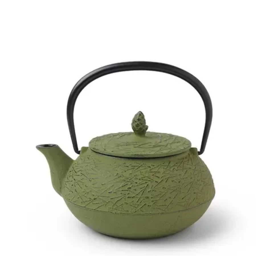 Miya Company Cast Iron Teapot with Pine Needle Design - 0.65L Capacity, Japanese Style Iron Teapot for Tea Brewing