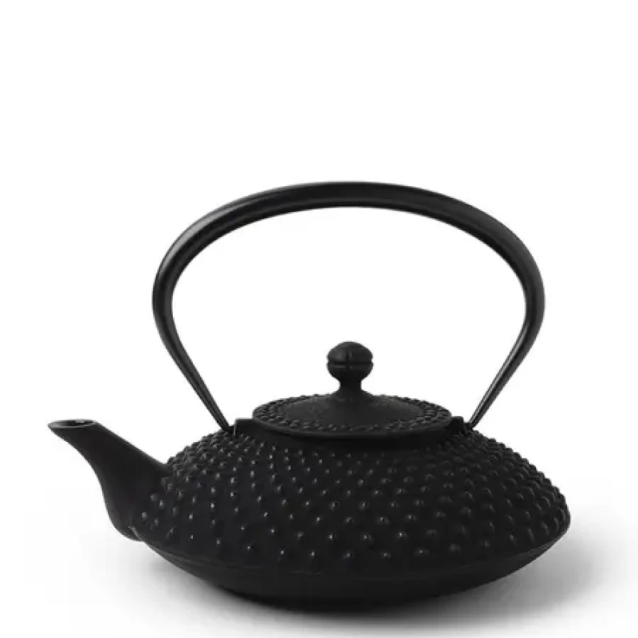 Miya Company Cast Iron Teapot 1.08L - Japanese Style Hailstone Design, Rustic Flat Iron Teapot for Tea Lovers