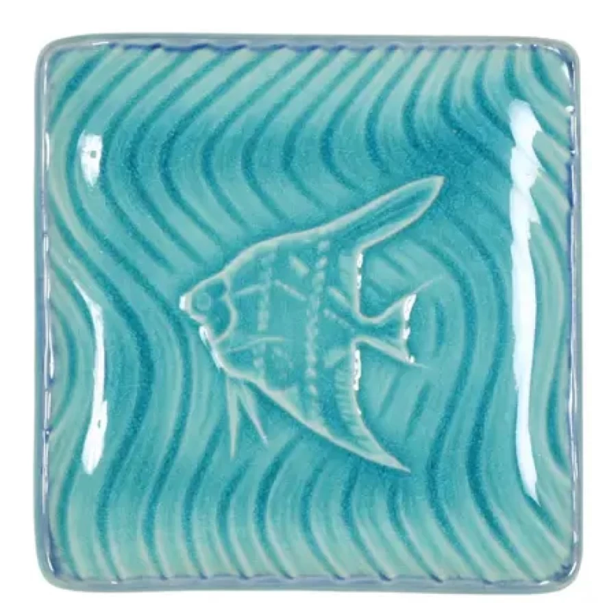 Miya Company Turquoise Blue Fish Ceramic Square Plate 4.5 Inch Decorative Serving Dish