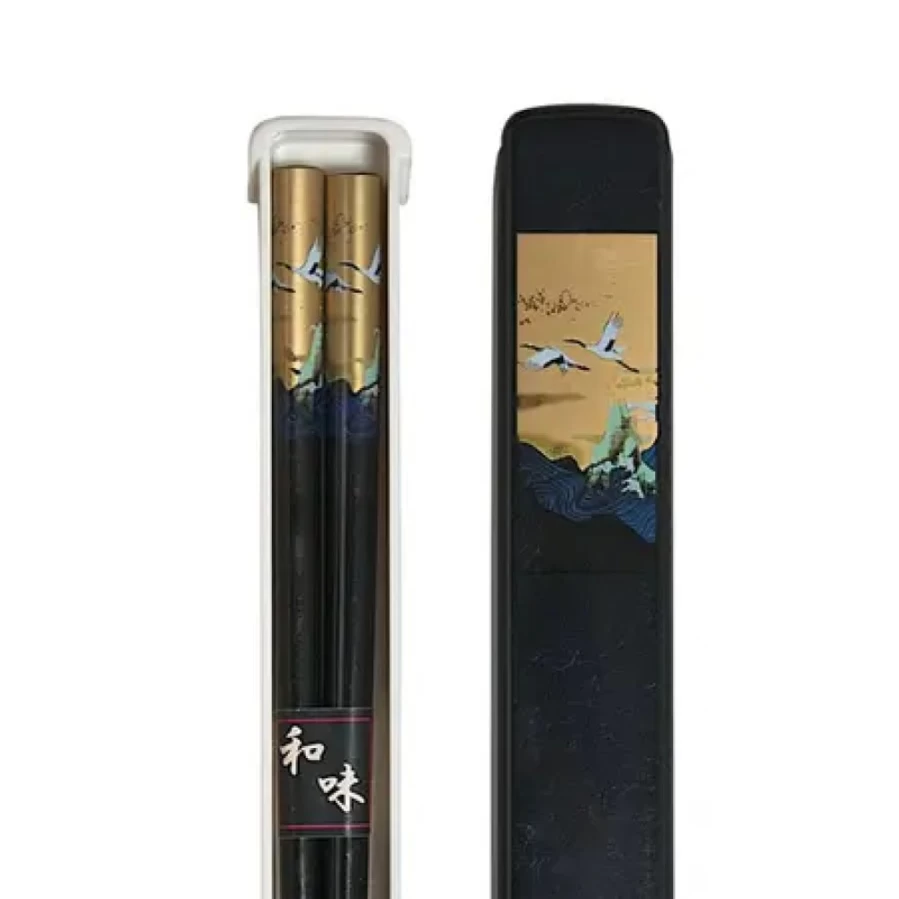 Miya Company Black Cranes Design Chopsticks Set with Portable Case - Elegant Asian Dining Utensils