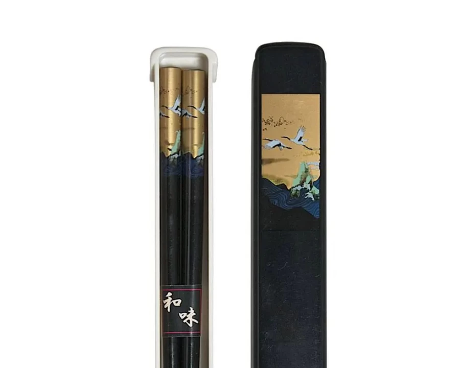 Miya Company Black Cranes Design Chopsticks Set with Portable Case - Elegant Asian Dining Utensils