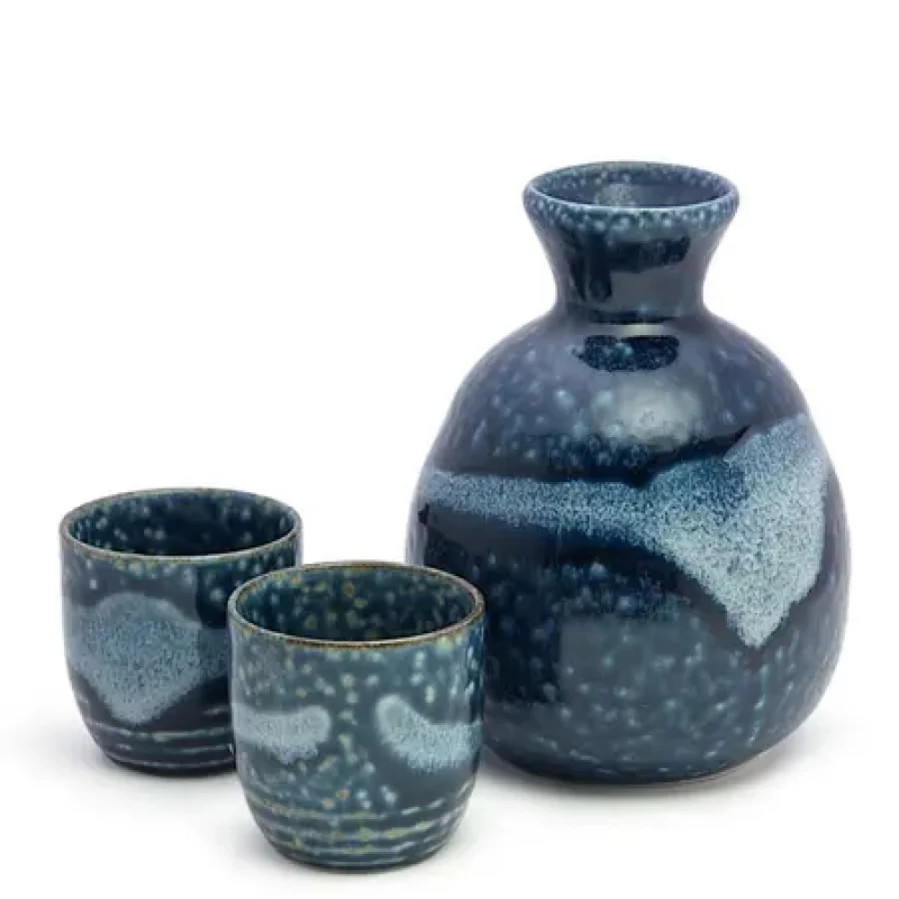 Miya Company Premium Aoirabo Sake Set - Traditional Japanese Ceramic Sake Bottle & Cups Gift Set